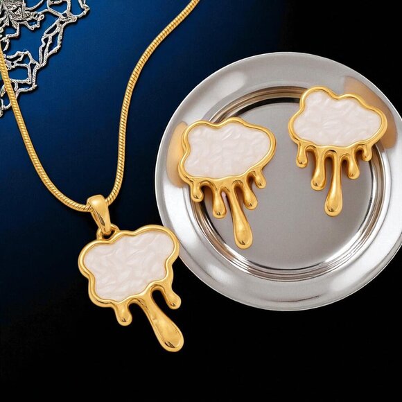 Modern Gold Drip Necklace Earrings Set 18K Plated Stainless Steel Gift Ready - Picture 1 of 14
